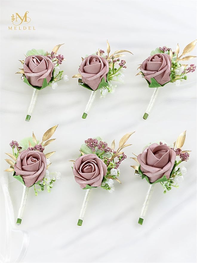 Meldel Dusty Rose Pink Boutonniere for Men Wedding, Set of 6, Groom Groomsman Boutonniere, Mens Boutonnieres for Wedding Prom Ceremony Anniversary Party Homecoming