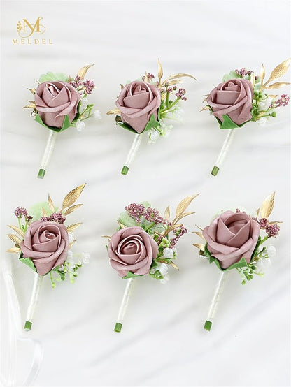 Meldel Dusty Rose Pink Boutonniere for Men Wedding, Set of 6, Groom Groomsman Boutonniere, Mens Boutonnieres for Wedding Prom Ceremony Anniversary Party Homecoming