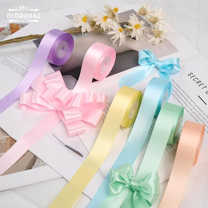 Pastel Ribbon 1 Inch Pastel Rainbow Satin Colorful Assorted Ribbon 6 Rolls for Gift Wrapping, Multicolor Flower Bouque Crafts Birthday Party Wedding - 60Yards