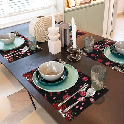 Placemats 4 pcs Skull Flower Double-Layer Imitation Linen Place Mats Non-Slip Heat-Resistant Tablemats for Home Restaurant Hotel 18×12 Inch
