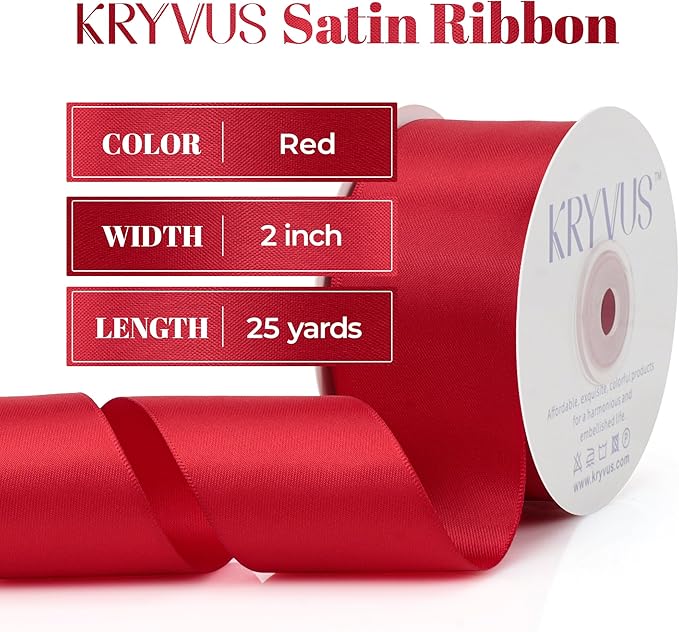 Red Satin Ribbon, Double Faced 2 Inch X 25 Yards Red Ribbon, Premium Satin Ribbon for Gift Wrapping, Crafts, Hair Bow Making, Sewing, Flower Bouquet, Wedding Party Decor