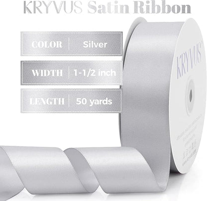 Silver Satin Ribbon, Double Faced 1-1/2 Inch X 50 Yards Silver Ribbon, Premium Satin Ribbon for Gift Wrapping, Crafts, Hair Bow Making, Sewing, Flower Bouquet, Wedding Party Decor