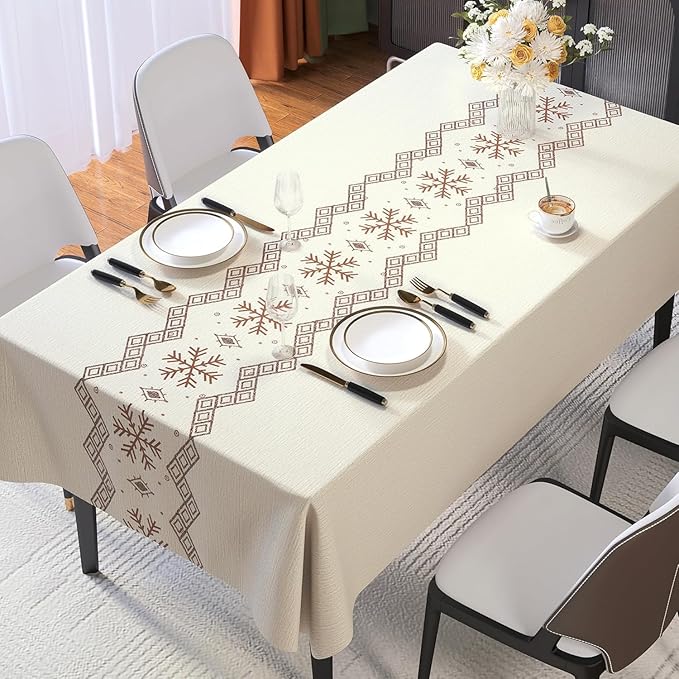 Rectangle Table Cloth,100% Waterproof Tablecloth Oil Proof Spill Proof Vinyl Table Cloth, Wipe Clean Plastic Table Cover for Dining, Camping, Indoor and Outdoor 54" x 78",Snowflake