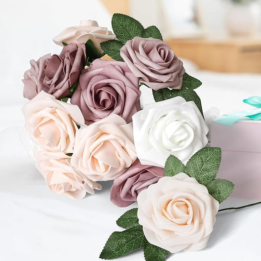 25pcs Artificial Flower Foam Rose Real Touch Roses Flower Heads with Stem for DIY Wedding Bouquets Centerpieces Arrangements Party Baby Shower Home Decor (Shades of Dusty Rose)