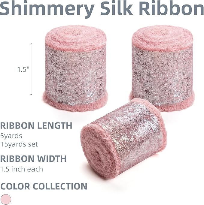 Rose Gold Silk Chiffon Ribbon,Pink Frayed Shimmery Silk Ribbon for Bridal Flower Bouquet Christmas Gift Wrapping Wedding Decor Invitations Decorations 1.5" x 15 Yards (5Yards X 3 Rolls)