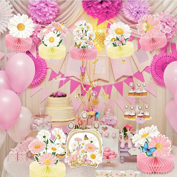 Hotop 9 Pcs Daisy Flower Birthday Party Decorations Pink Wildflower Butterfly Honeycomb 3D Centerpieces for Floral Table Toppers Boho Groovy Party Decorations Girl Baby Shower