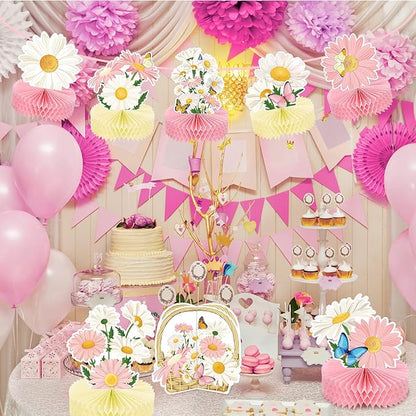 Hotop 9 Pcs Daisy Flower Birthday Party Decorations Pink Wildflower Butterfly Honeycomb 3D Centerpieces for Floral Table Toppers Boho Groovy Party Decorations Girl Baby Shower