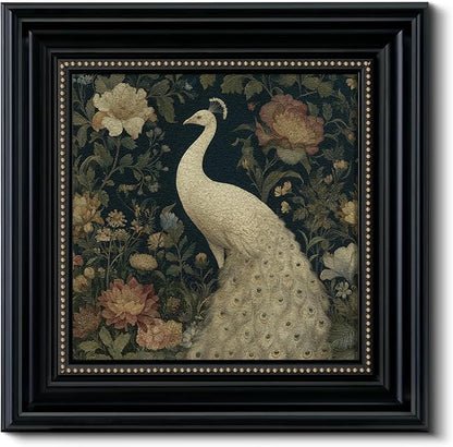 Vintage 3D Textured White Peacock Framed Wall Art 16x16 Inch, Square Bird and Floral Artwork Sandstone Panel Botanical Print, Rustic Living Room Bedroom Office Farmhouse Entryway Home Decor