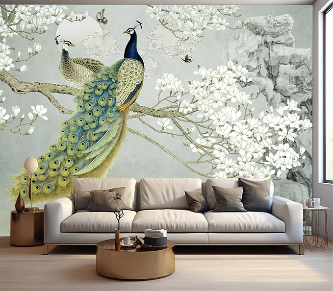 Eierme-Flower Pattern Peacock Illustration Wallpaper Mural Wallpaper Peel and Stick 160" x 114"