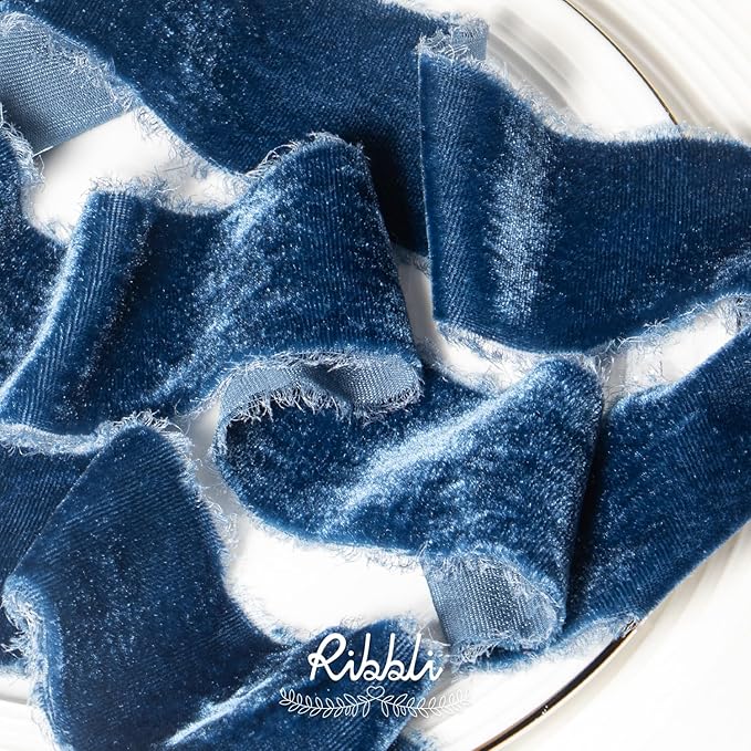 Ribbli Ocean Blue Velvet Ribbon 1.5 Inch Handmade Frayed Vintage Christmas Ribbon for Gift Wrapping Christmas Tree Ornament Wreath Craft Home Decor -3 Yards