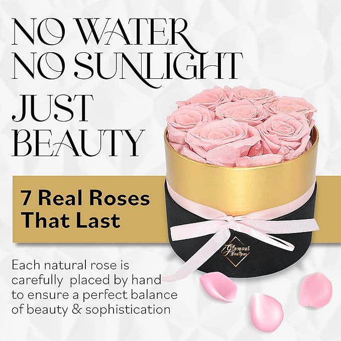 GLAMOUR BOUTIQUE Eternal Preserved Roses in a Box - Flowers Forever, Rose Forever in a Box for Wife, Birthday Gifts for Her, 7 Roses, Pink
