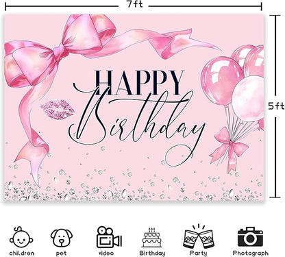Pink Bow Happy Birthday Backdrop 7Wx5H Photography Bowknot Balloons Coquette Birthday Lips Diamond Balloons Background Woman Bachelorette Party Decorations Banner Photo Booth Props Supplies