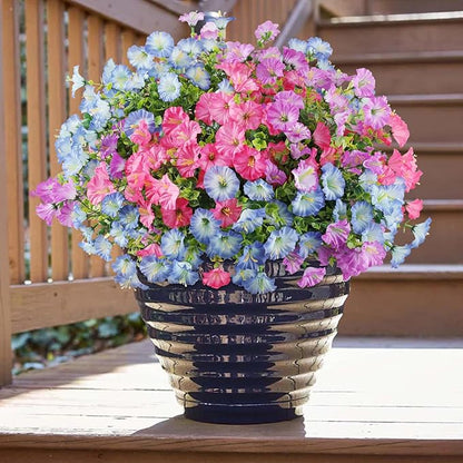 12PCS Artificial Flowers for Outdoor Decorations, Realistic Faux Silk Petunia Flowers for Outside, Fake Plants Morning Glory with Eucalyptus Porch Patio Planters Window Boxes Decor