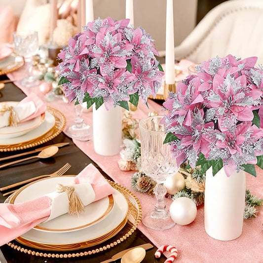 4 Pcs Artificial Poinsettia Flowers Christmas Flowers Ornaments Glitter Faux Flowers 5 Stem Poinsettia Floral with Stem Leaf for Home Party Christmas DIY Craft Holiday Decor（Pink）