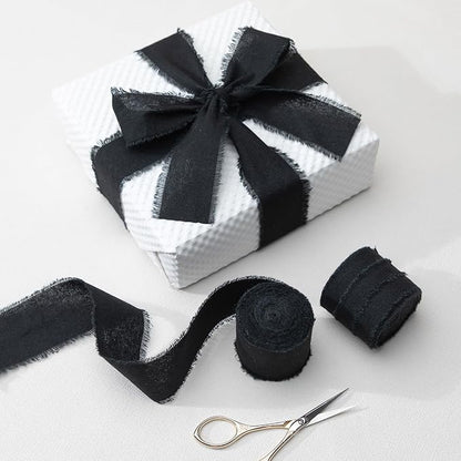 Black Ribbon 1-1/2" x 15Yd Handmade Fringe Cotton Ribbons for Wedding Invitations, Bridal Bouquets Wrapping, Bow Making DIY Crafts Home Decor for Halloween