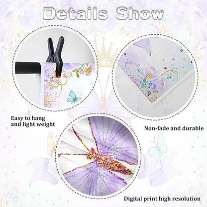 Renaiss 7x5ft Butterfly Happy Birthday Backdrop Fabric Purple Rose Flower Gold Crown Photography Background Girls Princess Birthday Party Decor Dessert Table Banner Portrait Selfie Photo Props