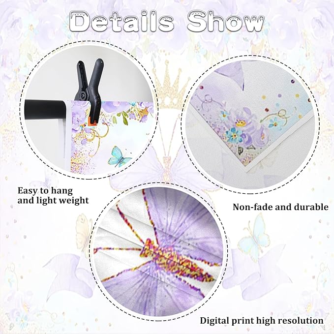 Renaiss 10x7ft Happy Birthday Backdrop Purple Butterfly Flowers Gold Crown Photography Background Daughter Girl Princess Birthday Party Decor Dessert Table Banner Portrait Selfie Group Photo Props