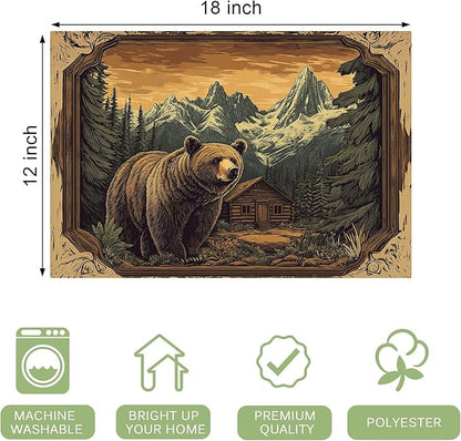 Cabin Bear Placemats Set of 4 Washable Table Mats Rustic Wildlife Hunting Forest Mountain Heat-Resistant Cotton Linen Place Mats for Dining Table Kitchen Indoor Outdoor Party Holiday Decor