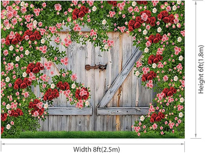 AOFOTO Barn Door Rose Backdrop Rustic Red Pink Beige Flowers Background Romantic Phtography Banner for Anniversary Wedding Decor Photo Studio Photobooth Props 8x6ft