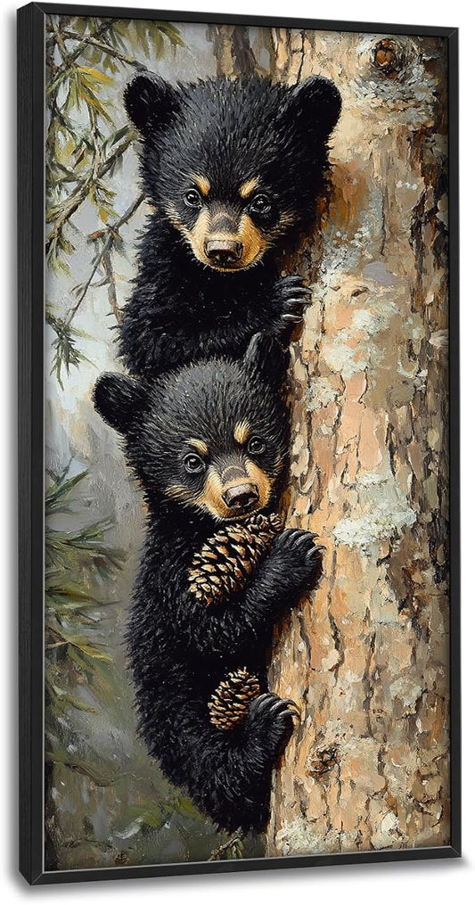 Cabin Bear Large Wall Art Black Bear Cubs Pictures Wall Decor Rustic Forest Animals Lodge Canvas Prints Wildlife Painting Framed Artwork Decoration for Nursery Bedroom Living Room Office 30"x60"