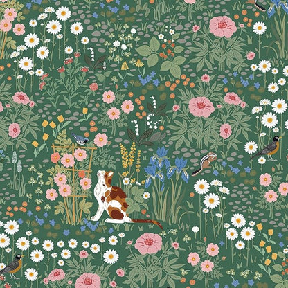 Heroad Floral Peel and Stick Wallpaper Green Wallpaper Boho French Country Contact Paper Vintage Cat Birds Removable Self-Adhesive Wall Paper for Bedroom Kitchen Cabinets Decoration Vinyl 17.3”x393”