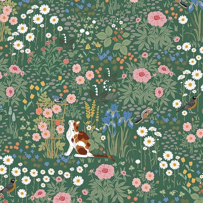 Heroad Floral Peel and Stick Wallpaper Green Wallpaper Boho French Country Contact Paper Vintage Cat Birds Removable Self-Adhesive Wall Paper for Bedroom Kitchen Cabinets Decoration Vinyl 17.3”x78.7”
