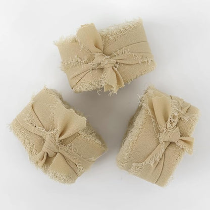 MEEDEE Khaki Chiffon Ribbon 1 Inch Fringe Ribbons Cream Chiffon Silk Frayed Edge Ribbon Thin Chiffon Ribbons for Crafts, Gift Wrapping, Wedding Invitation (3 Rolls 21 Yards)