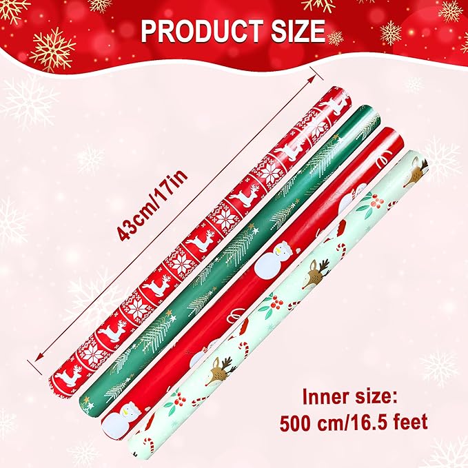 Hexablenzio Christmas Wrapping Paper Bulk Set of 4 Rolls (93 sq. ft. ttl) Santa Claus, Reindeer, Christmas Tree, Snowman Patterns for Holiday Gift Wrap - 17 inches x 16.5 feet Per Roll