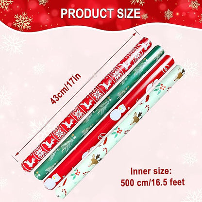 Hexablenzio Christmas Wrapping Paper Bulk Set of 4 Rolls (93 sq. ft. ttl) Santa Claus, Reindeer, Christmas Tree, Snowman Patterns for Holiday Gift Wrap - 17 inches x 16.5 feet Per Roll