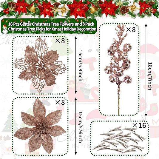 24Pcs Rosegold Glitter Poinsettia Christmas Tree Ornaments and Glitter Berries Stems, 16Pcs Christmas Artificial Flowers and 8 Pack Christmas Tree Picks for Wedding Holiday Decorations