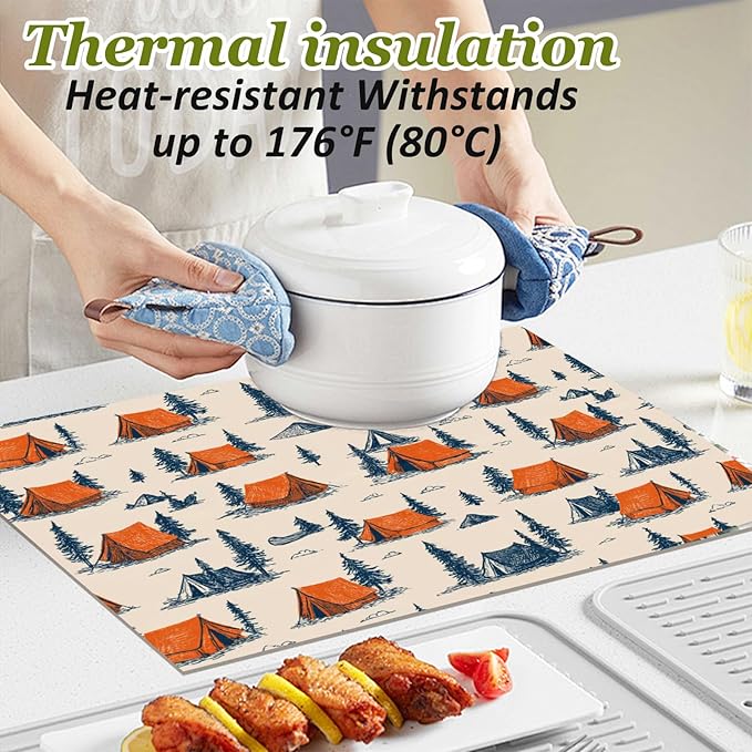 Tent & Pine Tree Dining Room Table Set for 4 Linen Fabric Washable Placemats Set of 4 Table Mats Table Place Mats Picnic Kitchen and Dining Decor for Indoor