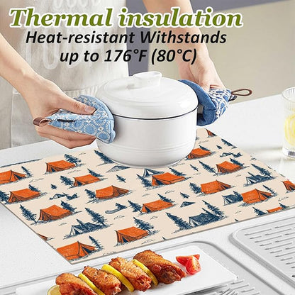 Tent & Pine Tree Dining Room Table Set for 4 Linen Fabric Washable Placemats Set of 4 Table Mats Table Place Mats Picnic Kitchen and Dining Decor for Indoor