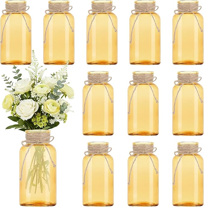 Vintage Glass Flower Vase，12 Pack Gold Amber Farmhouse Glass Centerpiece Vases Mason Jars for Weddings, Parties & Home Decor Bulk (12, Gold)