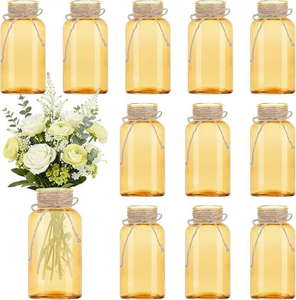 Vintage Glass Flower Vase，12 Pack Gold Amber Farmhouse Glass Centerpiece Vases Mason Jars for Weddings, Parties & Home Decor Bulk (12, Gold)
