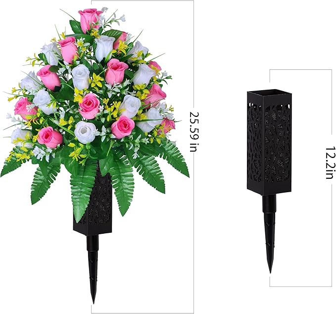 Artificial Cemetery Flowers, Gravesite Decoration Roses, Memorial Bouquets with Cemetery Vase, Vibrant and Long-Lasting Colors (Pink+White, 2 Bundles)