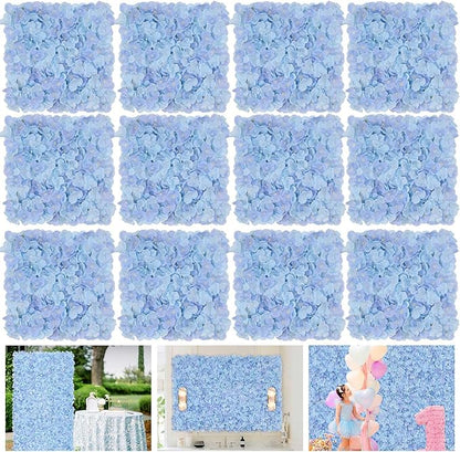 Blue Flower Wall Panels Backdrop: Wedding Artificial Flower Wall Backdrop 3.75ft by 5ft Hydrangea Floral Wall for Anniversary Graduation Party Decoration (12 Pcs 15 x 15 Inch)
