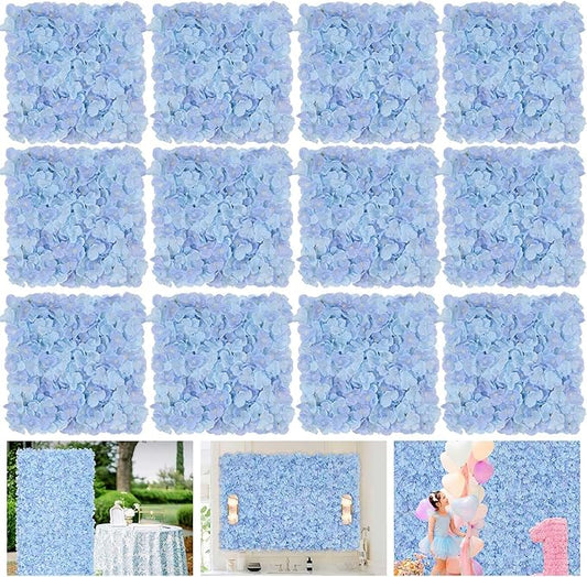 Blue Flower Wall Panels Backdrop: Wedding Artificial Flower Wall Backdrop 3.75ft by 5ft Hydrangea Floral Wall for Anniversary Graduation Party Decoration (12 Pcs 15 x 15 Inch)