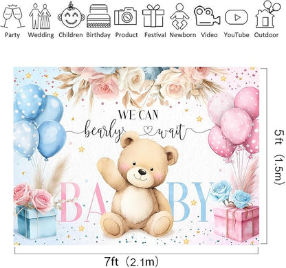 Riyidecor Bear Gender Reveal Backdrop Polyester Fabric We Can Bearly Wait Boho Floral Pampas Grass Rose Flowers 7Wx5H Feet Balloon Baby Shower Photography Background He or She Photo Studio Shoot