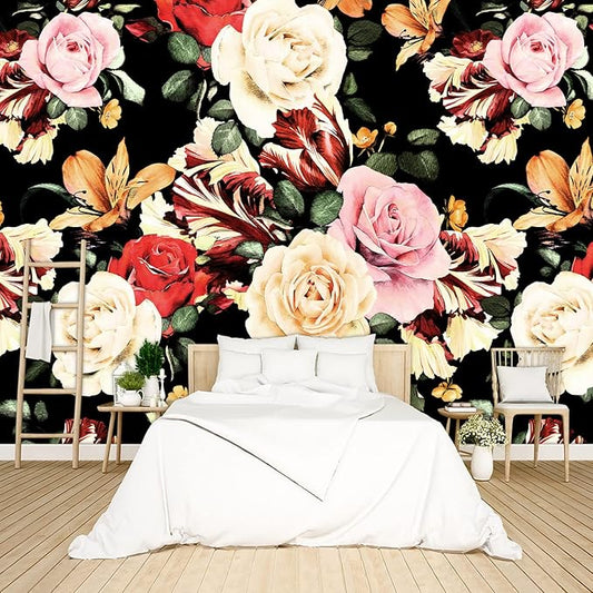 Black Rose Floral Wallpaper Botanical Flowers Leaf Bedroom murals Aesthetic Room Decor Living Room tv Background Large Wall Mural - 160"x108" Not Peel and Stick