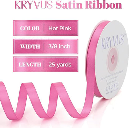 Hot Pink Satin Ribbon, Double Faced 3/8 Inch X 25 Yards Hot Pink Ribbon, Premium Satin Ribbon for Gift Wrapping, Crafts, Hair Bow Making, Sewing, Flower Bouquet, Wedding Party Decor