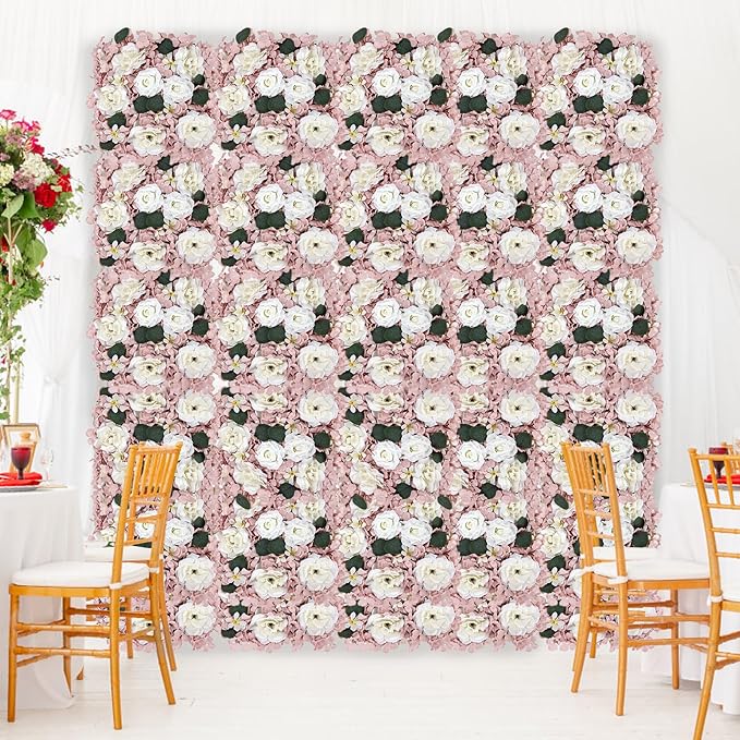 Pack of 12 Artificial Silk Flower Panels, Faux Floral Wall Background for Wedding Party Engagement Bridal Shower Arrangement Home Decorations - Dusty Pink & White