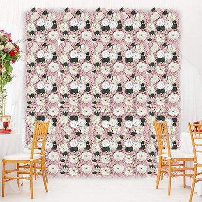 Pack of 12 Artificial Silk Flower Panels, Faux Floral Wall Background for Wedding Party Engagement Bridal Shower Arrangement Home Decorations - Dusty Pink & White