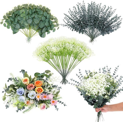 Eucalyptus Leaves Stems 120pcs 3 Kinds Mixed Artificial Greenery Stems Baby Breath Flowers Artificial Bulk Greenery Stem Floral Decor for Wedding Decor Vase Floral Arrangement Centerpiece DIY Bouquet