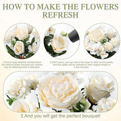 4 Bundles White Peonies Artificial Flowers Silk Flower Centerpieces for Tables Fake Flower Arrangements Bouquets Mixed Roses Hydrangea with Stems for Wedding Bridal Bouquets Home Table Decor