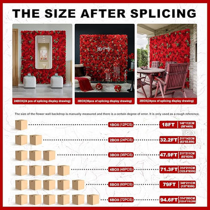 Red Flower Wall Backdrop 12 Piece of 16.5x16.5 Inch Artificial Floral Wall Panel Silk Rose Wall Decor Ideal for Wedding Celebrations, Festive Party Backdrops, and Home Decor