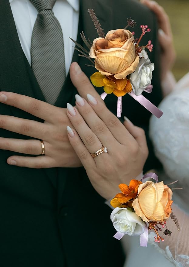 Corsage and Boutonniere Set Corsage Wistlet Burnt Orange Corsage Wrist Artificial Flower Perfert for Proms | Weddings for Bride,Bridesmaids, Groom,Groomsmen Decor (Burnt Orange)