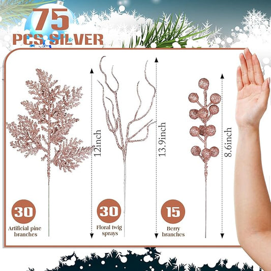 75 Pcs Christmas Glitter Branches 3 Styles Artificial Christmas Picks Berries Stems Pine Needles Floral Twig Spray for Xmas Tree Ornaments DIY Wreath Garland(Rose Gold)