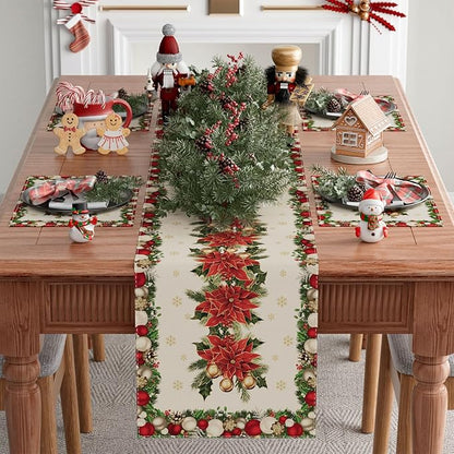 XCHI Christmas Poinsettias Leaves Bells Snowflakes Winter Xmas Table Runner Table Decoration for Home Kitchen Dining Holiday Decor 13x48 Inch