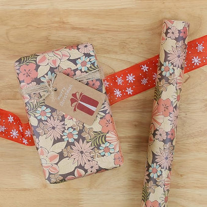 Aimyoo Kraft Floral Wrapping Paper Roll, All Occasion Vintage Flower Gift Wrap for Wedding Birthday Bridal Shower, 17 inch x 10 ft