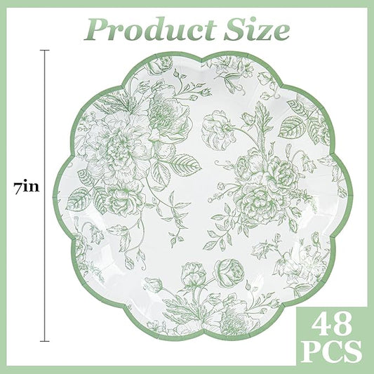 48 Pcs Sage Green Floral Party Plates Vintage Floral Leaf Disposable Paper Plates Wildflower Green Toile 7" Scalloped Rim Dessert Plates for Christmas Birthday Bridal Tea Party Supplies